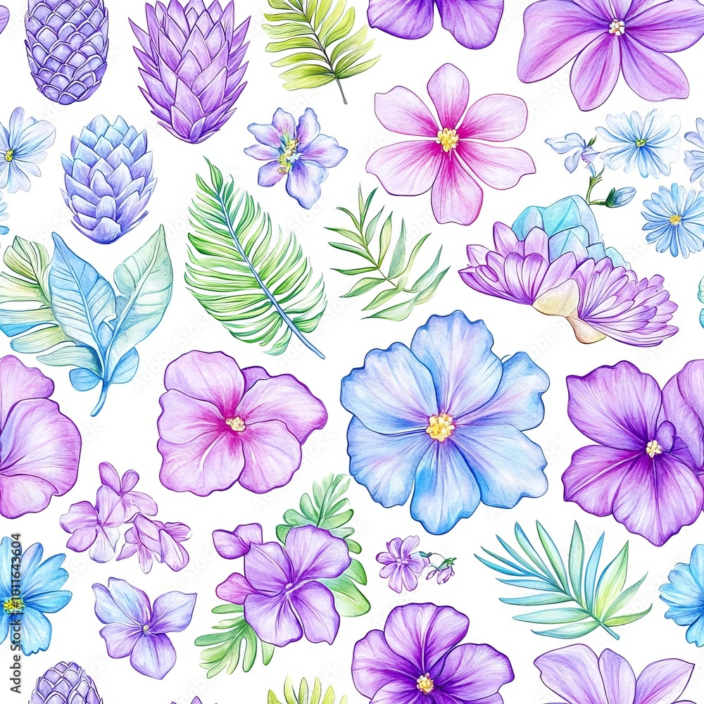 A vibrant floral pattern featuring various flowers and leaves. A vibrant floral pattern featuring various flowers and leaves.