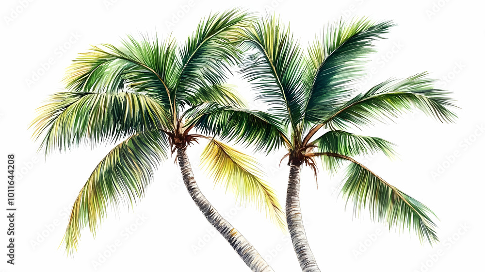 Naklejka premium Two Palm Trees Drawn with Green and Yellow Watercolor on a White Background