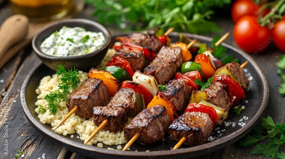 A delicious platter of grilled beef kebabs with vegetables, served with a yogurt sauce and couscous, garnished with herbs. A delicious platter of grilled beef kebabs with vegetables, served with a yogurt sauce and couscous, garnished with herbs.