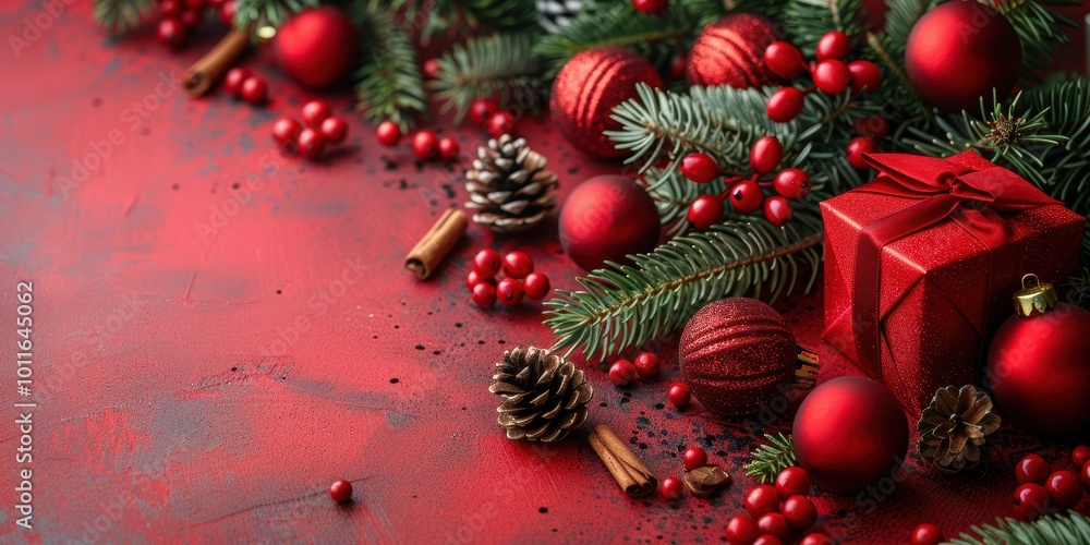 A festive holiday scene with pine cones, red Christmas ornaments, cinnamon sticks, fir branches and a beautifully wrapped present on a red background celebrating the cheerful season A festive holiday scene with pine cones, red Christmas ornaments, cinnamon sticks, fir branches and a beautifully wrapped present on a red background celebrating the cheerful season