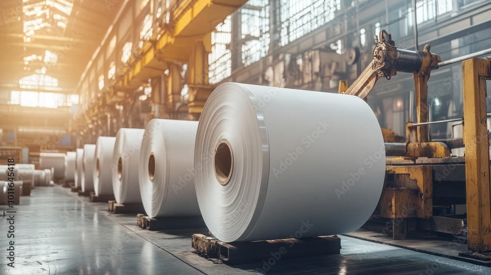 Large rolls of paper in an industrial manufacturing facility. Large rolls of paper in an industrial manufacturing facility.