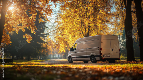 Wallpaper Mural A white delivery van parked on a leafy path in a tranquil autumn forest during golden hour Torontodigital.ca