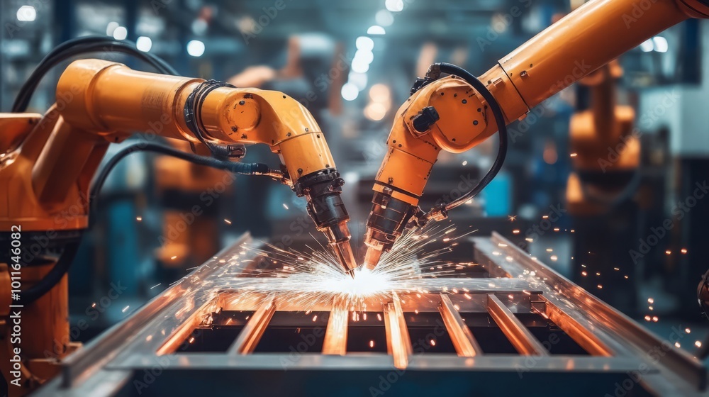 Robotic arms welding metal, creating sparks in a factory setting. Robotic arms welding metal, creating sparks in a factory setting.