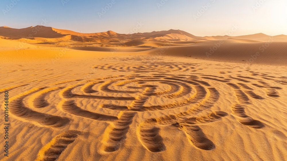 Naklejka premium A mesmerizing sand labyrinth in a desert landscape, showcasing intricate patterns against golden dunes at sunset.