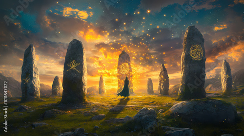 Elven kingdom at dawn runes glowing on ancient stones celestial beings descending into a fairy ring. Elven Kingdom. Illustration