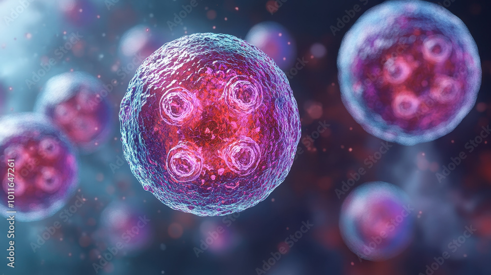 A vibrant digital illustration of microscopic cells showcasing intricate details and colors, representing the world of biology and cellular structures A vibrant digital illustration of microscopic cells showcasing intricate details and colors, representing the world of biology and cellular structures