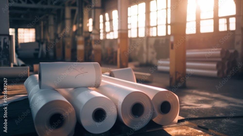 Stacks of rolled-up sheets in an industrial warehouse, bathed in warm sunlight streaming through large windows, create a nostalgic, serene ambiance. Stacks of rolled-up sheets in an industrial warehouse, bathed in warm sunlight streaming through large windows, create a nostalgic, serene ambiance.