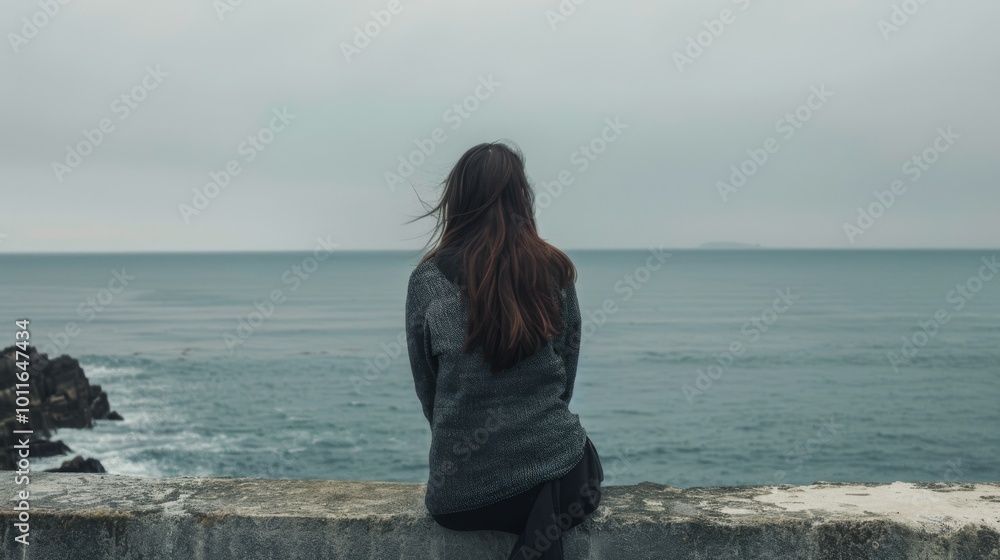A woman sits contemplatively on a concrete wall, facing the vast, calm ocean under an overcast sky. A woman sits contemplatively on a concrete wall, facing the vast, calm ocean under an overcast sky.