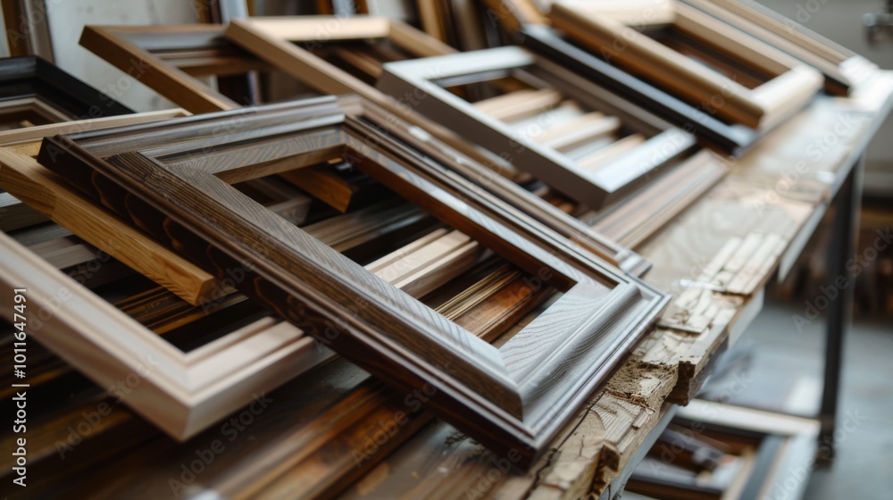A display of elegant wooden picture frames rests on a workbench, showcasing artistry and craftsmanship in a cozy workshop. A display of elegant wooden picture frames rests on a workbench, showcasing artistry and craftsmanship in a cozy workshop.