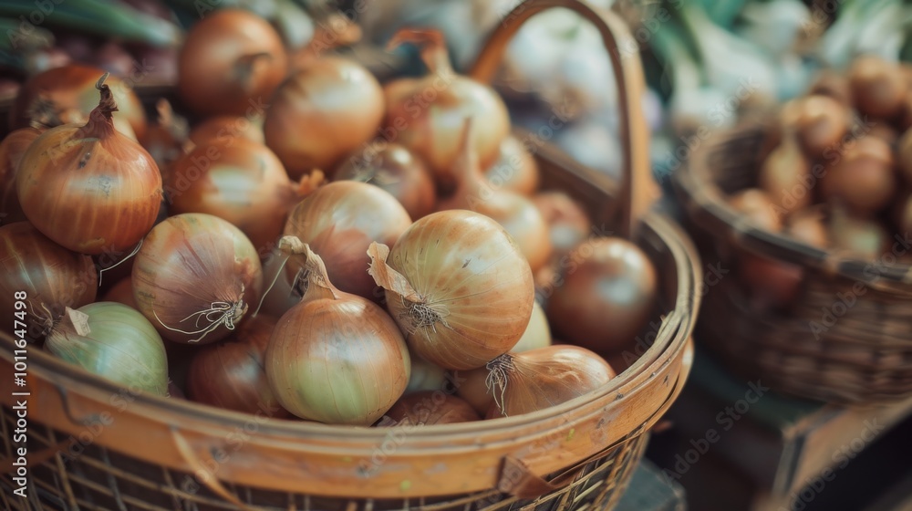 A basket brimming with fresh onions, evoking the essence of a bustling farmer's market with its rich colors and hearty, organic charm. A basket brimming with fresh onions, evoking the essence of a bustling farmer's market with its rich colors and hearty, organic charm.