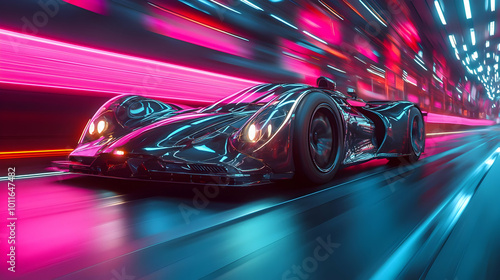 Futuristic Sports Car Speeding Through Neon City Illustration