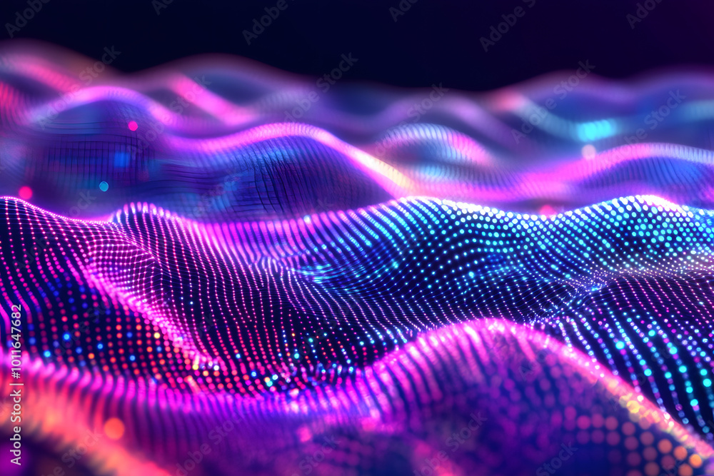 3D Sound waves with colored dots. Big data abstract visualization. Digital concept: virtual landscape. Futuristic background. Sound waves, visual audio waves equalizer, 3D Sound waves with colored dots. Big data abstract visualization. Digital concept: virtual landscape. Futuristic background. Sound waves, visual audio waves equalizer,
