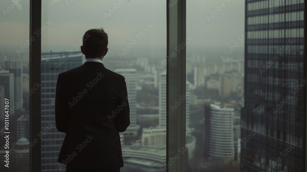 Silhouette of a man in a suit, contemplating the vastness of a foggy city skyline, captures the essence of solitude and introspection. Silhouette of a man in a suit, contemplating the vastness of a foggy city skyline, captures the essence of solitude and introspection.
