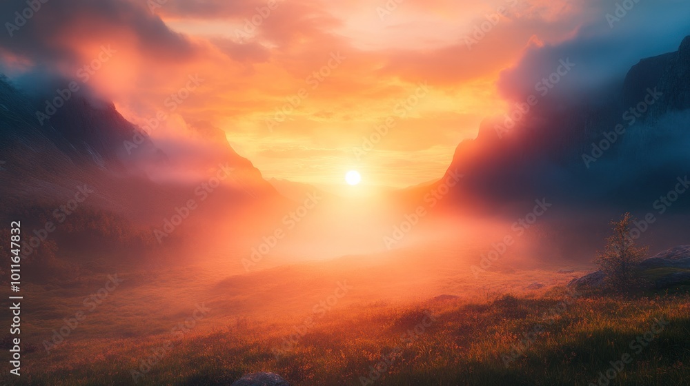 Fototapeta premium Sunset Over Mountains and Mist