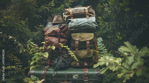 Two weathered backpacks rest on top of a worn trunk amidst dense greenery, evoking a sense of adventure and exploration in the heart of the wilderness. photo