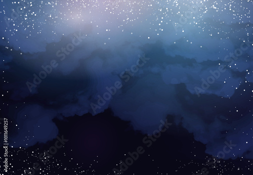 Magic night dark blue frame with sparkling glitter bokeh and light art. Square vector wedding card. Snow confetti and navy background.White scattered celestial dust. Fairytale magic star template