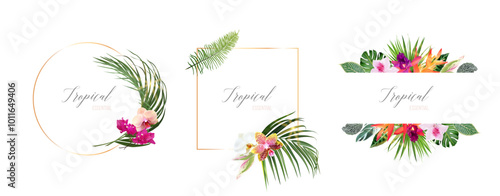Tropical flowers and leaves vector design cards. Sun rays light, sunset palm leaves, emerald monstera, jungle palm leaves frames. Exotic island wedding invitations. Elements are isolated and editable