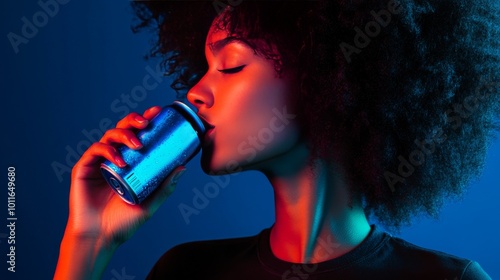 A woman in profile sips from a metallic can, highlighted by vibrant blue and red lighting. The dynamic contrast in colors and soft glow on her skin create an energetic, modern vibe perfect for