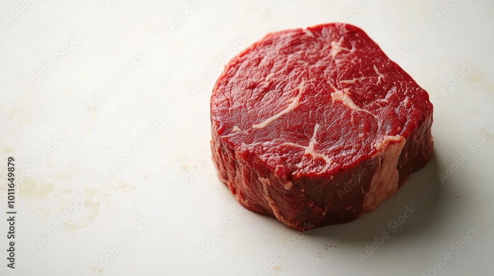 A raw piece of beef steak on a light surface. A raw piece of beef steak on a light surface.