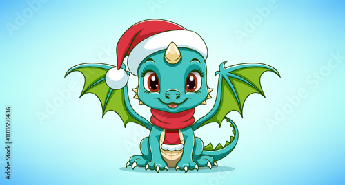 Vector sitting cute cartoon kind smiling and beautiful baby dragon with spread wings, in red scarf and Santa Claus hat. Mythological nice animal. Smiling green toy. Merry Christmas and Happy New Year