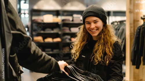 A cheerful woman in a black leather jacket smiles while browsing through a collection of leather jackets in a trendy store.