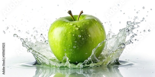 Green apple falling into water splash on white background at a tilted angle