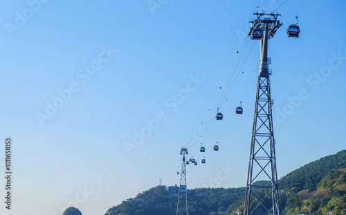 Beautiful landscape of cable car transportation system for tourist traveling at songdo beach, this place is one of the famous tourist destination in Busan, South Korea photo