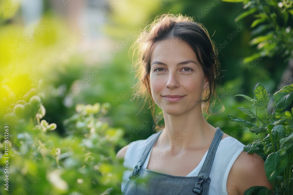 A woman is standing in a garden with her hands on her hips. She is smiling and looking at the camera A woman is standing in a garden with her hands on her hips. She is smiling and looking at the camera