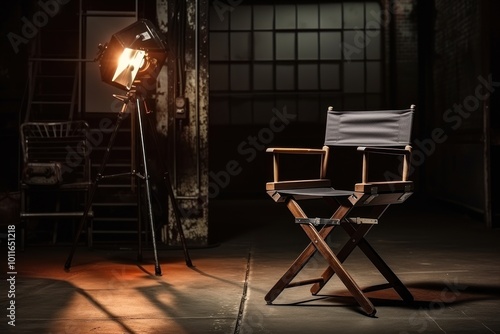 Empty black directors chair on filming set. Object on a movie set. Film studio interior in dark colors