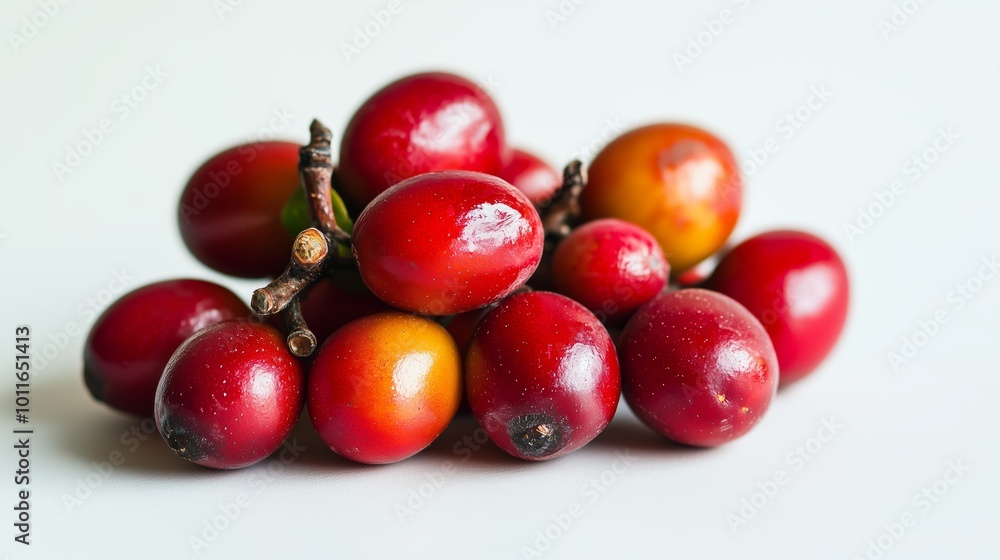 A bunch of Miracle fruit with a white background. The Miracle fruit is ripe and ready to eat. Concept of abundance and freshness A bunch of Miracle fruit with a white background. The Miracle fruit is ripe and ready to eat. Concept of abundance and freshness