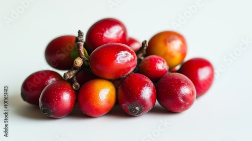 A bunch of Miracle fruit with a white background. The Miracle fruit is ripe and ready to eat. Concept of abundance and freshness