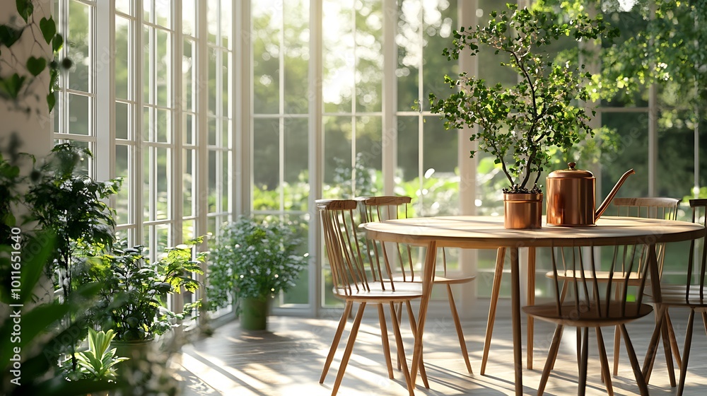 A sunlit dining area with wooden table and chairs, a potted plant, and a copper watering can on the table. The windows are open, and the view outside is of green trees and foliage. A sunlit dining area with wooden table and chairs, a potted plant, and a copper watering can on the table. The windows are open, and the view outside is of green trees and foliage.
