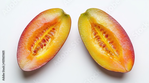 Two slices of a Miracle fruit with a white background. The Miracle fruit and yellow. The slices are cut in half, revealing the inside of the fruit