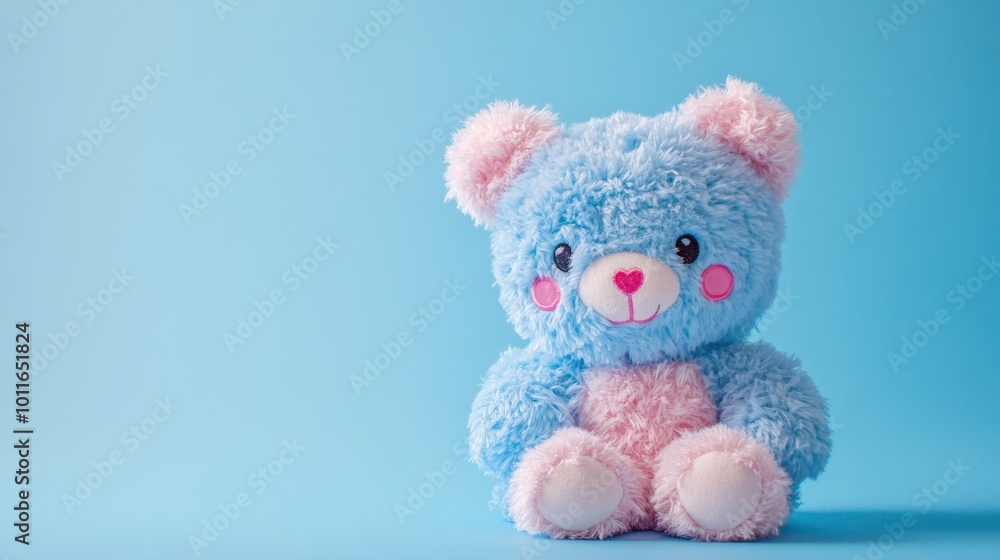 A soft and adorable blue teddy bear with pink accents sits against a pastel blue background, creating a charming and inviting atmosphere. Perfect for children's themes or soft toy collections.. AI A soft and adorable blue teddy bear with pink accents sits against a pastel blue background, creating a charming and inviting atmosphere. Perfect for children's themes or soft toy collections.. AI
