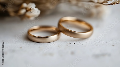 A set of matching wedding rings with simple, elegant designs, resting on a white surface.