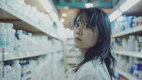 A young woman with wet hair gazes solemnly at the camera in a pharmacy, surrounded by shelves filled with bottles.