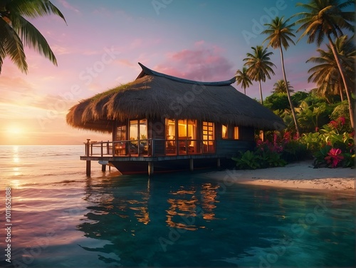 Experience the Serenity of a Tropical Beachfront Bungalow at Stunning Sunset Hours