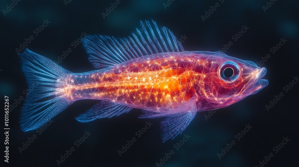 Fish nervous system with highlighted areas for aquatic sensory adaptation, Fish Nervous System, underwater sensory perception Fish nervous system with highlighted areas for aquatic sensory adaptation, Fish Nervous System, underwater sensory perception