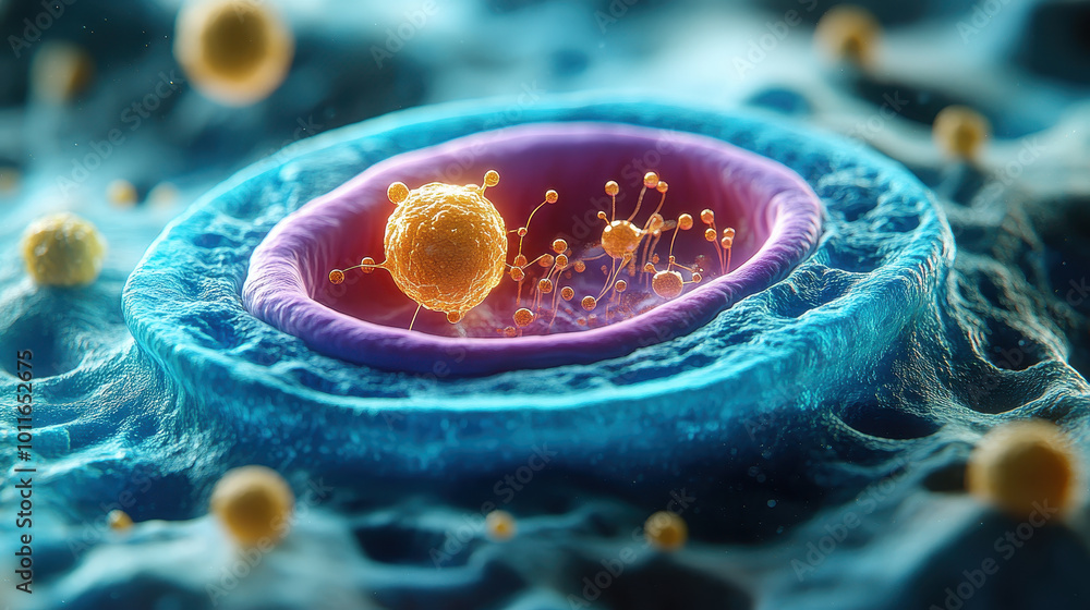 Detailed and vibrant close-up of a cellular structure showcasing organelles within the membrane, perfect for educational and scientific use Detailed and vibrant close-up of a cellular structure showcasing organelles within the membrane, perfect for educational and scientific use
