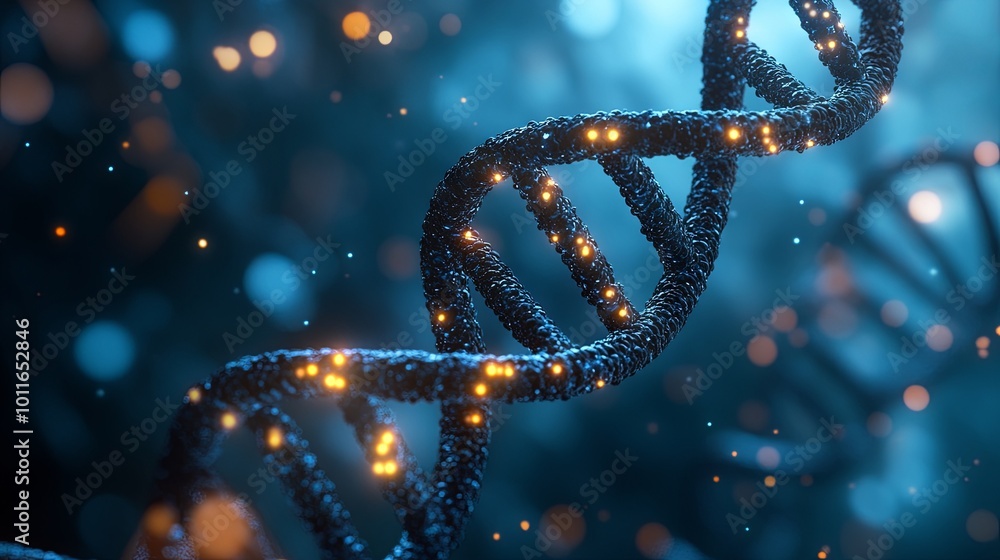 Visual representation of glowing DNA strands, highlighting genetic markers and their significance in molecular biology research.