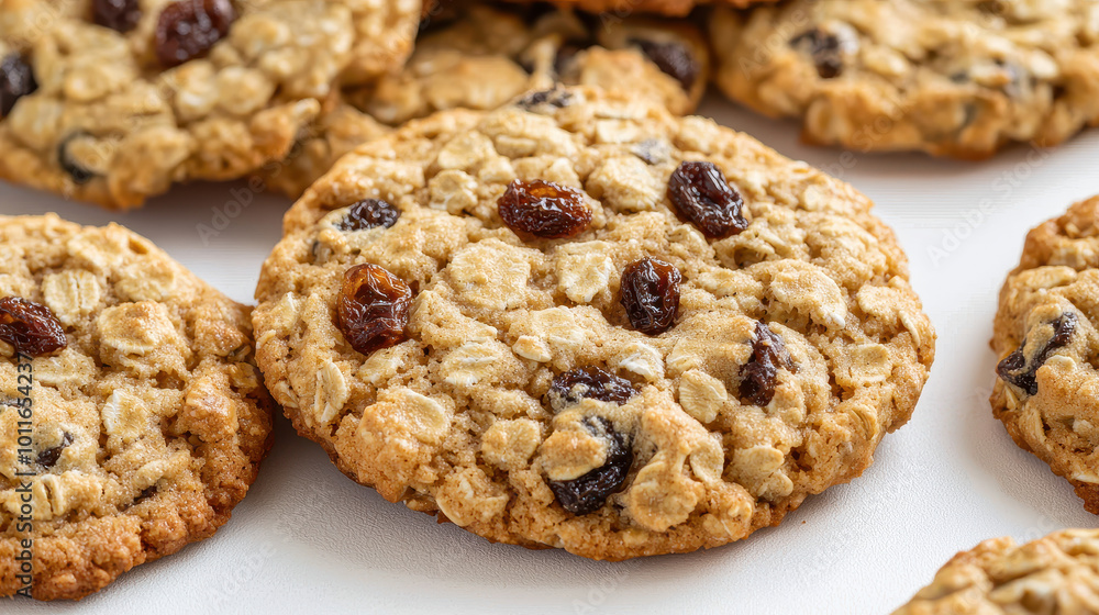 Close-up of freshly baked oatmeal raisin cookies on a light surface, showcasing a crispy texture and plump raisins Close-up of freshly baked oatmeal raisin cookies on a light surface, showcasing a crispy texture and plump raisins