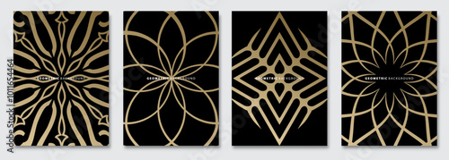 Vector abstract background, creative patterns, geometric gradient texture. Golden deluxe Minimal pattern design. Dark colors. Modern Cover templates set.