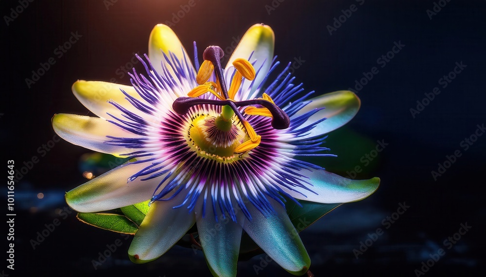 Obraz premium Vibrant Close-up of Exotic Passion Flower Blooming with Radiant Neon Petals and Stamen, Illuminated by Glowing Lights Against a Dark Background, Featuring Stunning Symmetry and Lush Green Leaves