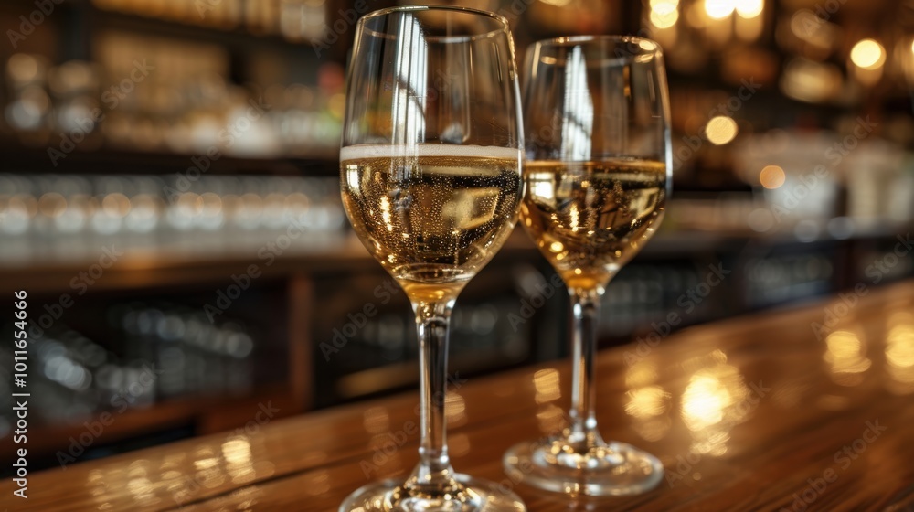 Two elegant glasses of sparkling white wine placed on a wooden bar counter in a warmly lit, sophisticated bar setting ready for a celebration Two elegant glasses of sparkling white wine placed on a wooden bar counter in a warmly lit, sophisticated bar setting ready for a celebration