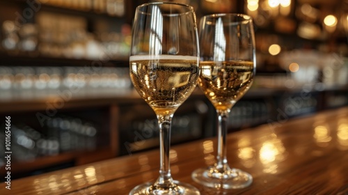 Two elegant glasses of sparkling white wine placed on a wooden bar counter in a warmly lit, sophisticated bar setting ready for a celebration