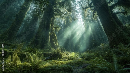 Hoh Rain Forest in Olympic National Park captured with Nikon D850, showcasing lush greenery in natural light. National Geographic-style photography. High resolution. photo