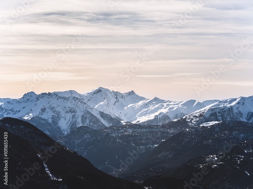 Snow-covered Serre Chevalier peak in Briançon