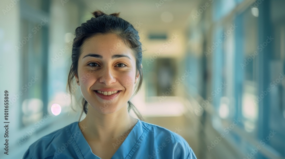 A cheerful nurse in scrubs stands in a bright hospital corridor, her warm smile reflecting dedication and compassion amidst a busy healthcare environment. A cheerful nurse in scrubs stands in a bright hospital corridor, her warm smile reflecting dedication and compassion amidst a busy healthcare environment.