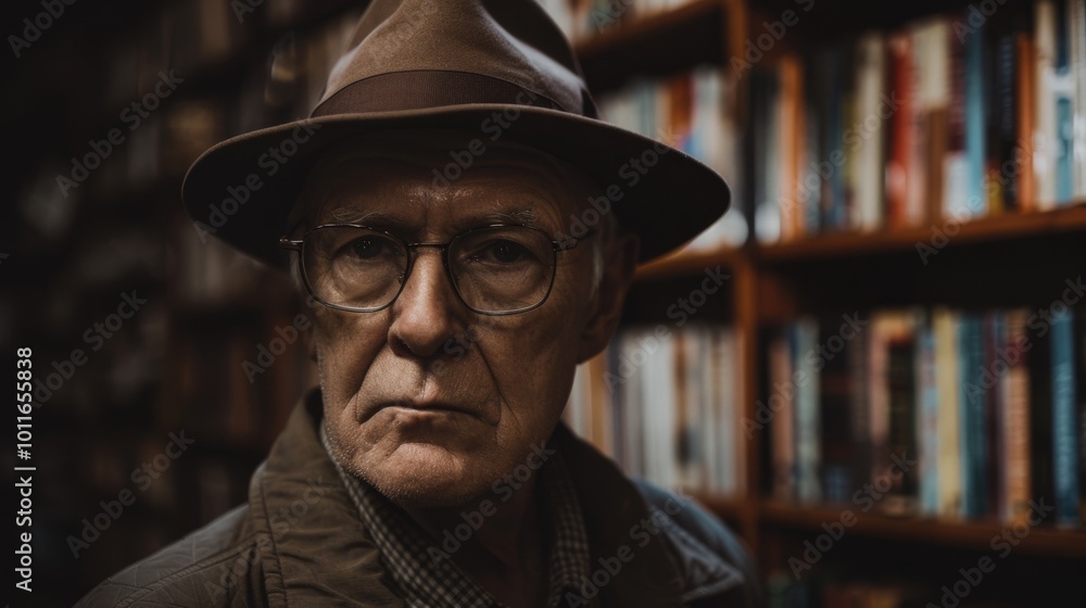 An elderly man in a hat stands pensively in a cozy library, surrounded by books and history, deep in thought and contemplation. An elderly man in a hat stands pensively in a cozy library, surrounded by books and history, deep in thought and contemplation.