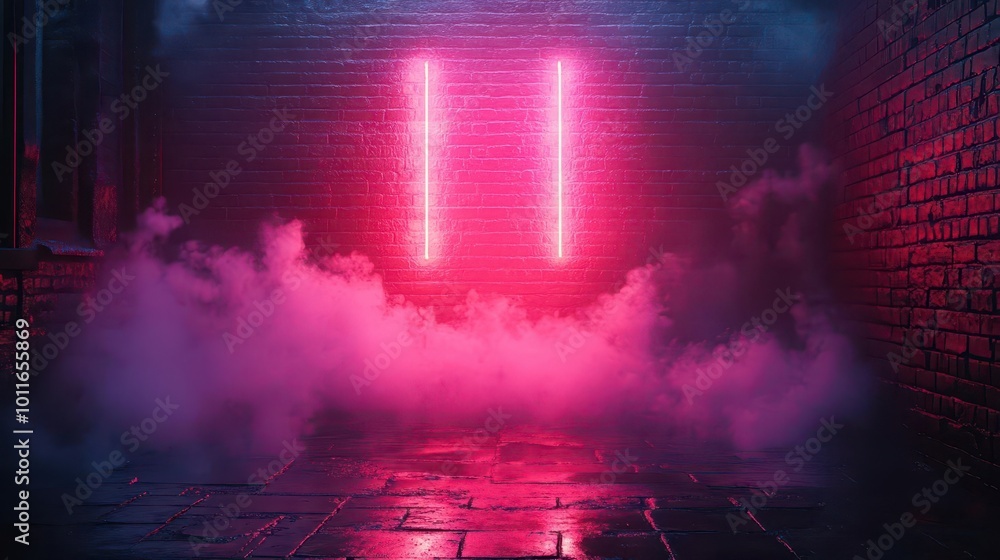 old brick wall illuminated by neon lights creating a moody and atmospheric scene in a dark empty street filled with smoke and smog evoking a sense of urban mystery old brick wall illuminated by neon lights creating a moody and atmospheric scene in a dark empty street filled with smoke and smog evoking a sense of urban mystery